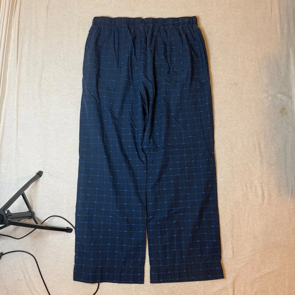 Lacoste Pajama Pants Men XL Navy Blue Grid Logo Print Sleepwear Lounge Bottoms